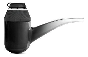 A black and clear pipe-like object with a curved shape and a black cap on top.