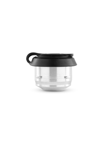 A black and silver object with a black handle, possibly a camera lens or a similar device, against a black background.