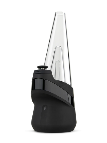 A black and clear electronic device with a pointed top, likely a piece of electronic equipment or a small appliance.