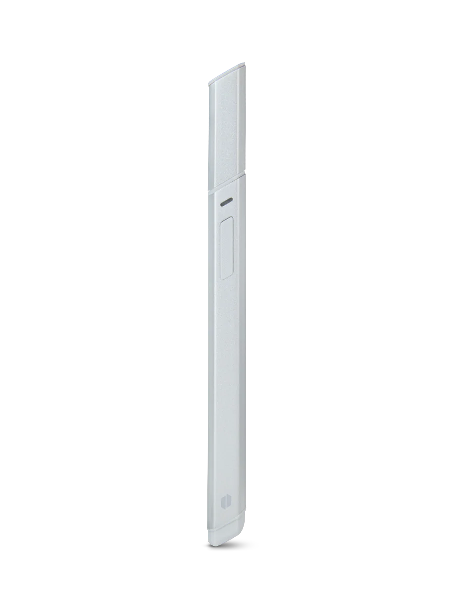 A white electronic device, possibly a smartphone or tablet, is shown against a black background.
