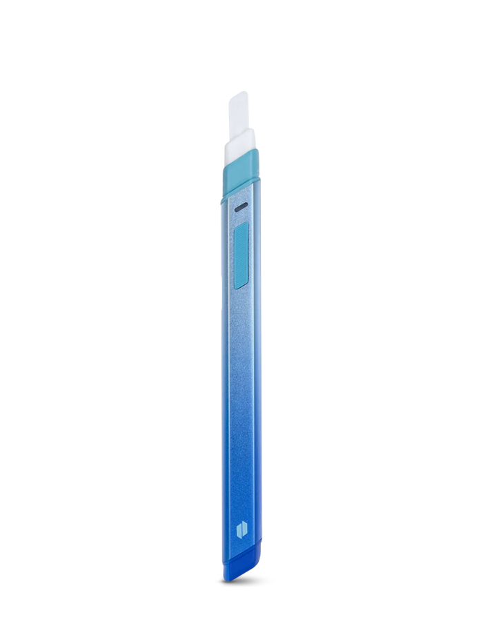 A blue and white electronic device, possibly a stylus or pen, is shown against a black background.