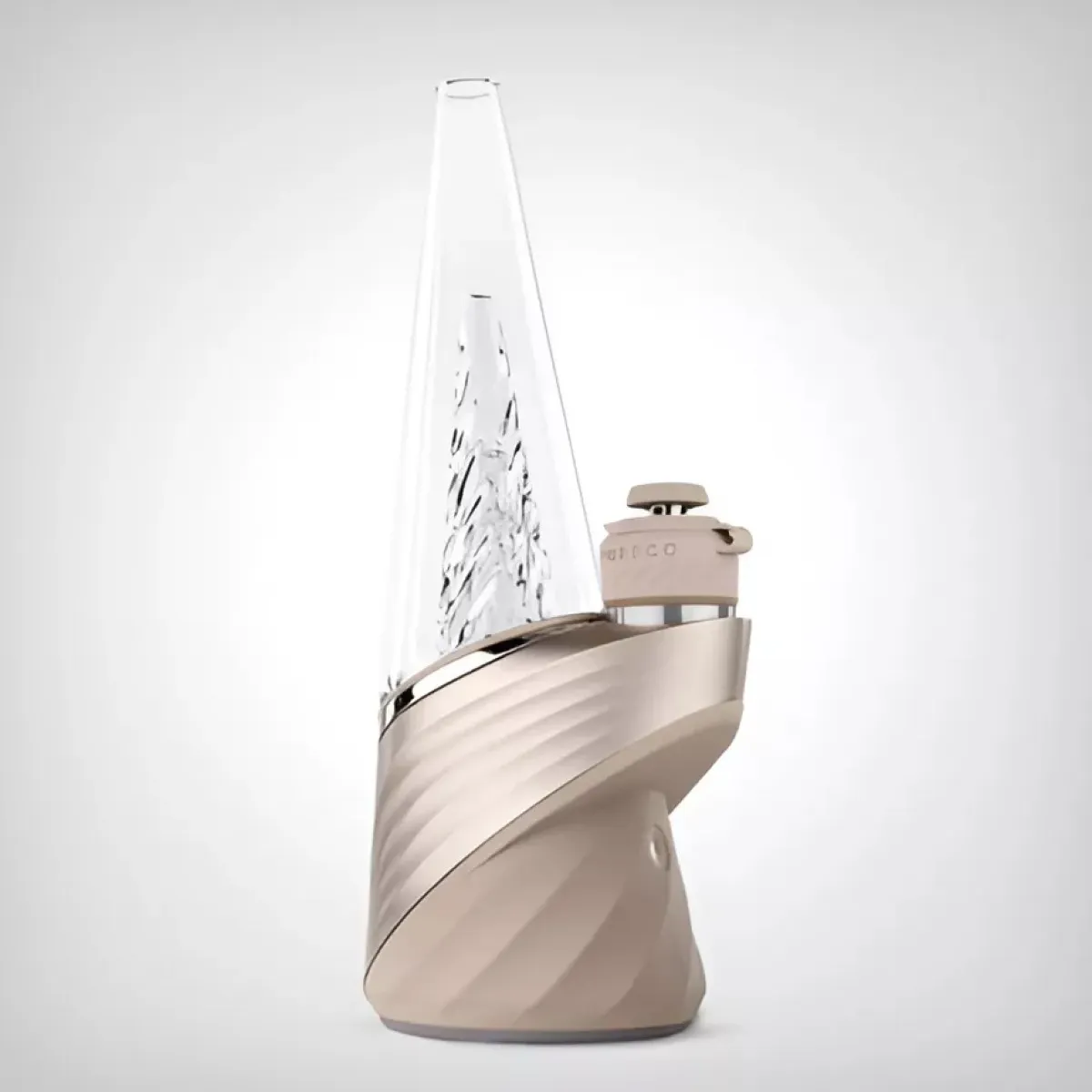 A modern, sleek electronic device with a clear glass tube and a beige body, featuring a curved design and a small button on the front.