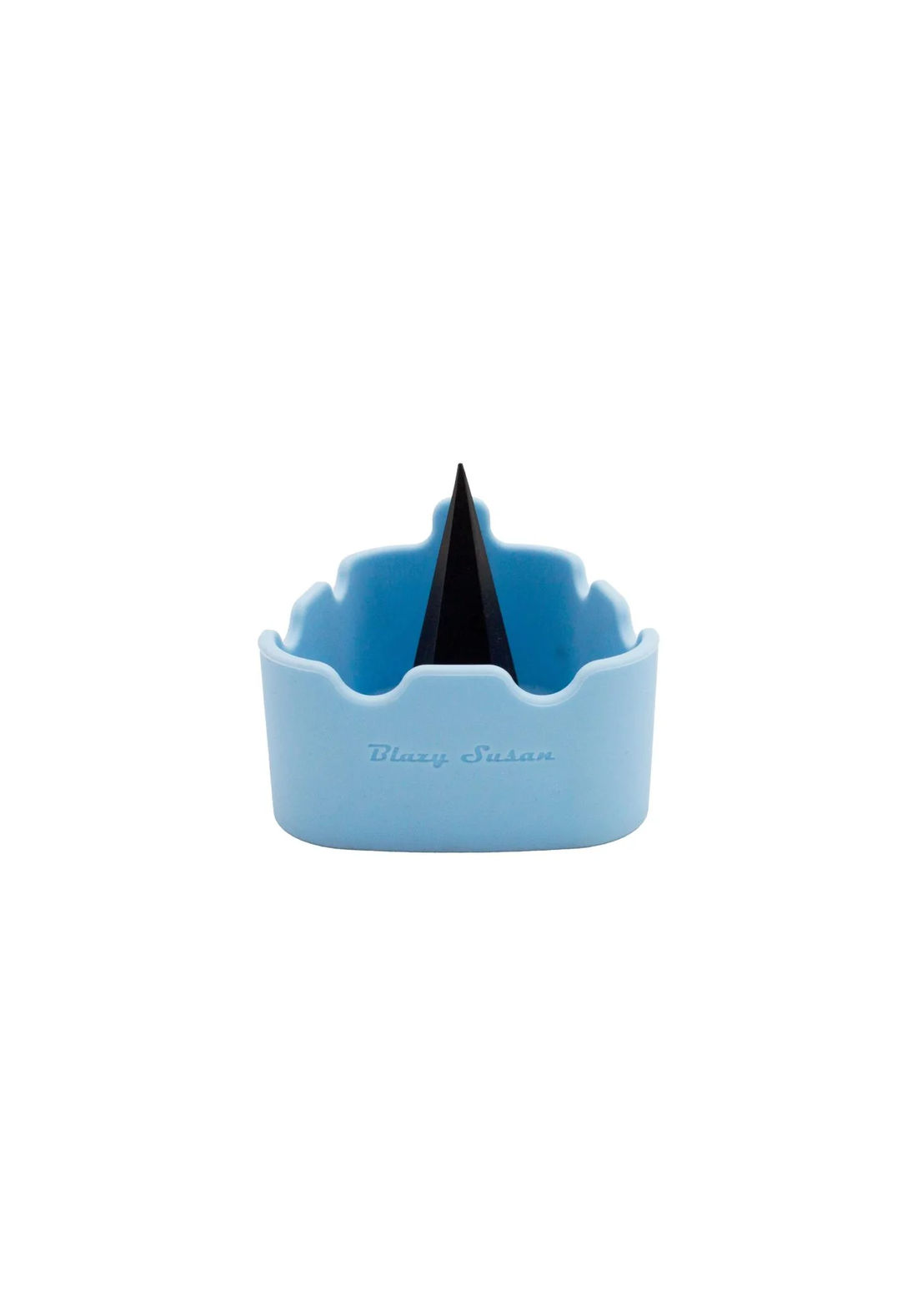 A blue container with a black object inside, sitting on a white background.