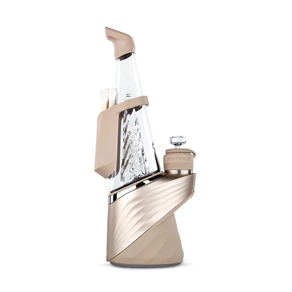 A modern, sleek electronic device with a clear glass body and a beige color scheme.