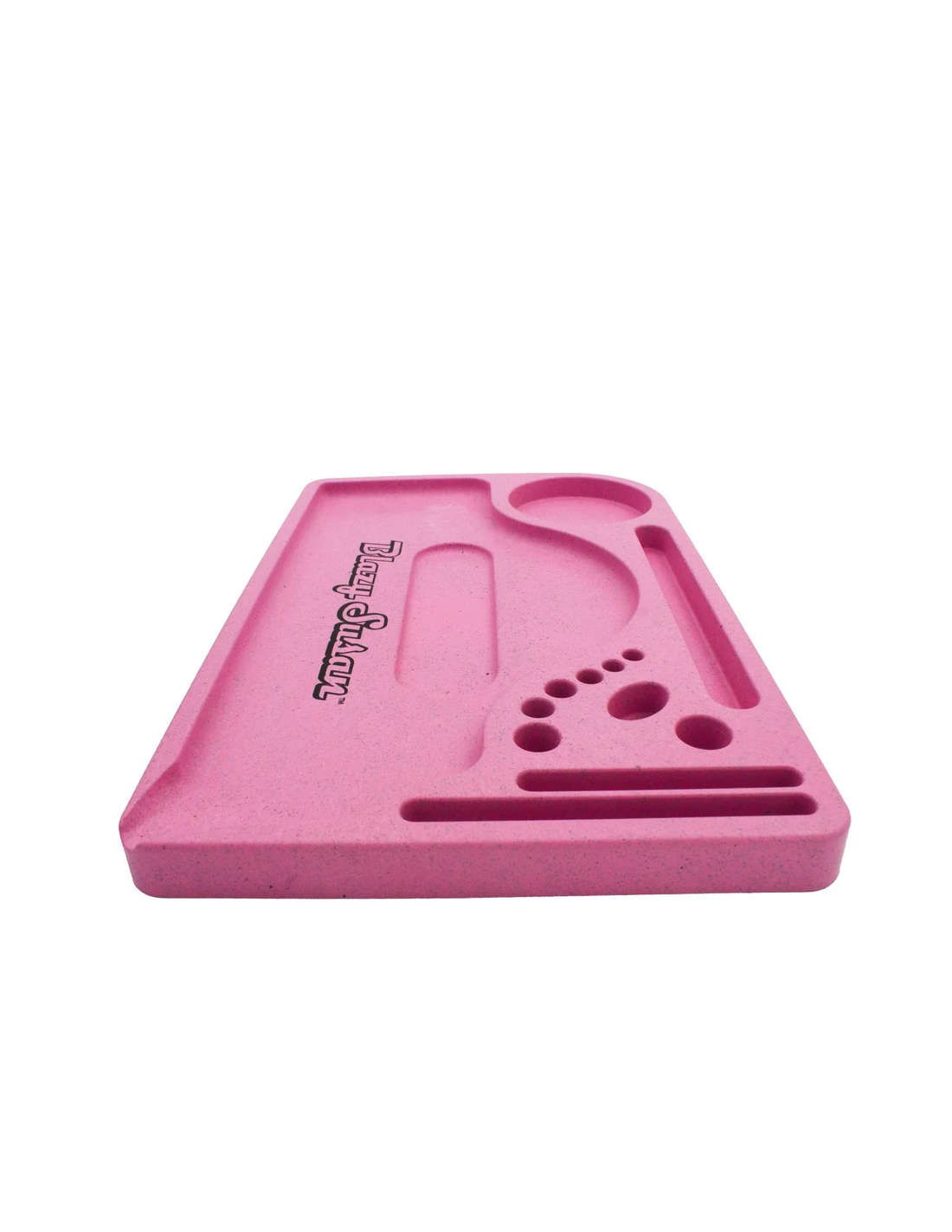 A pink, rectangular tray with various compartments and holes, designed for organizing and storing items.