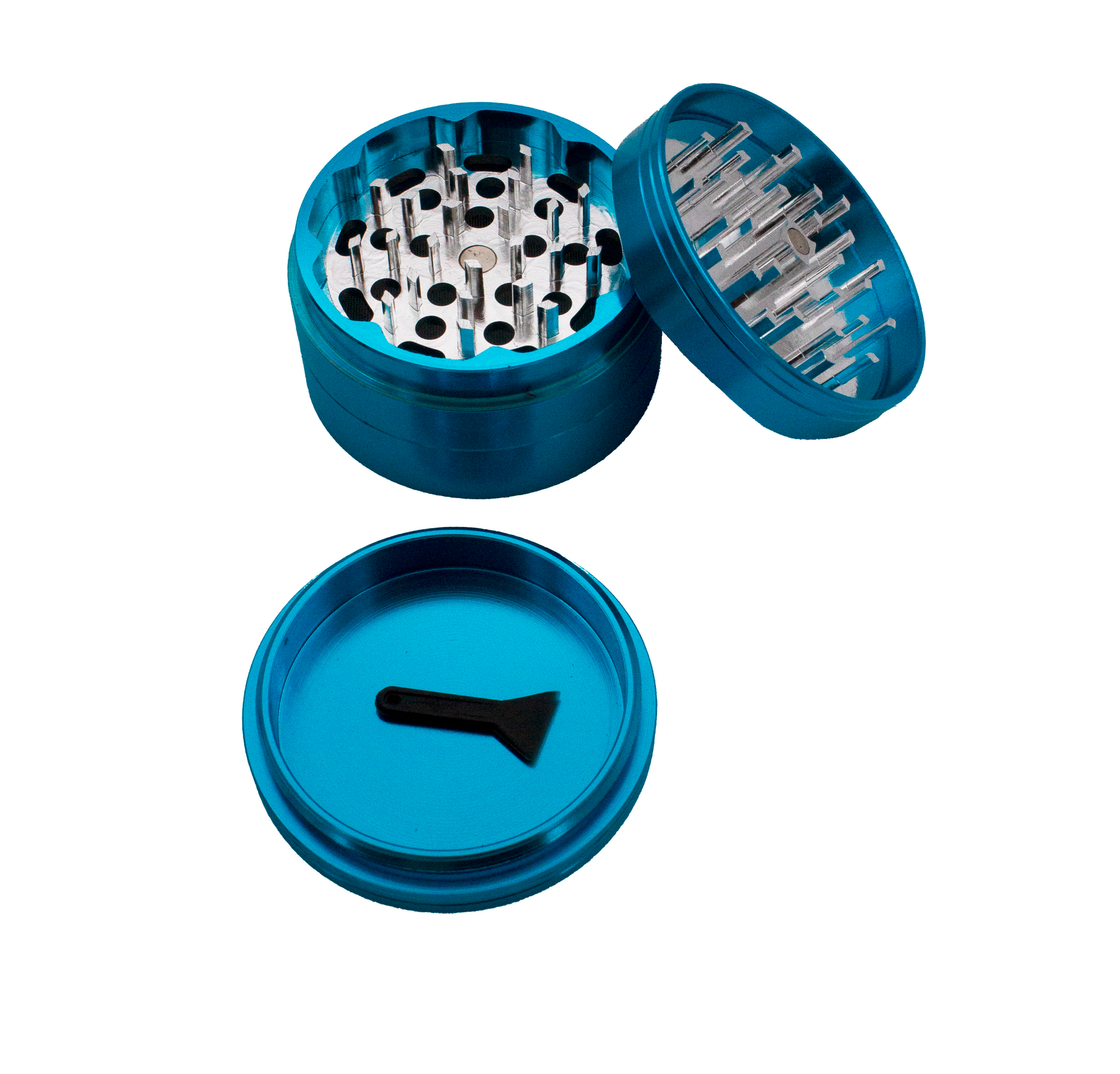 a blue grinder with a black plastic tool inside, and the lid is open.