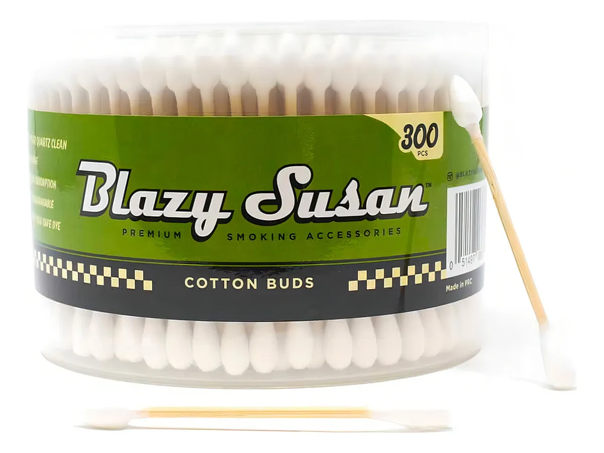 A clear plastic container filled with 300 cotton buds, labeled as premium smoking accessories, with a wooden stick sticking out of the container.