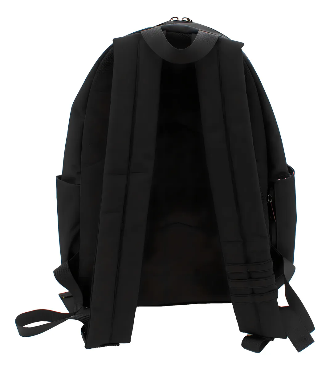 A black backpack with a pink and white patterned design on the front pocket.