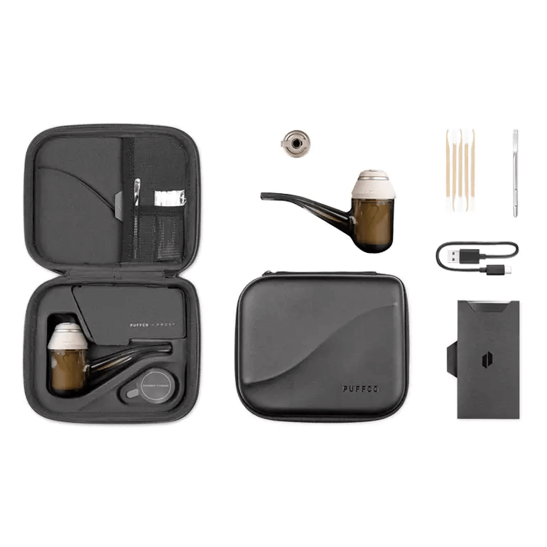 various electronic devices and accessories, including a pipe, a case, and other items, arranged on a white background.
