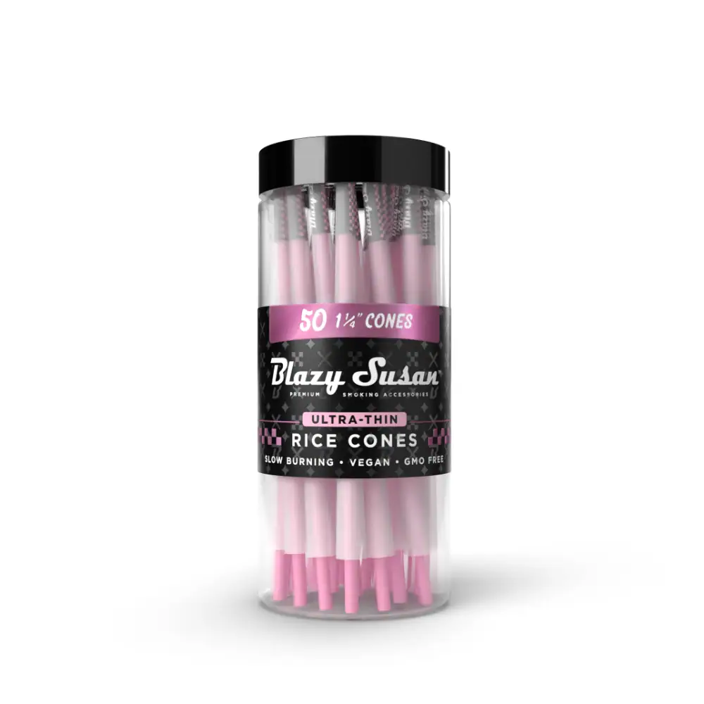 A clear plastic jar filled with pink rice cake-like sticks, labeled as 50 1/2" cones.