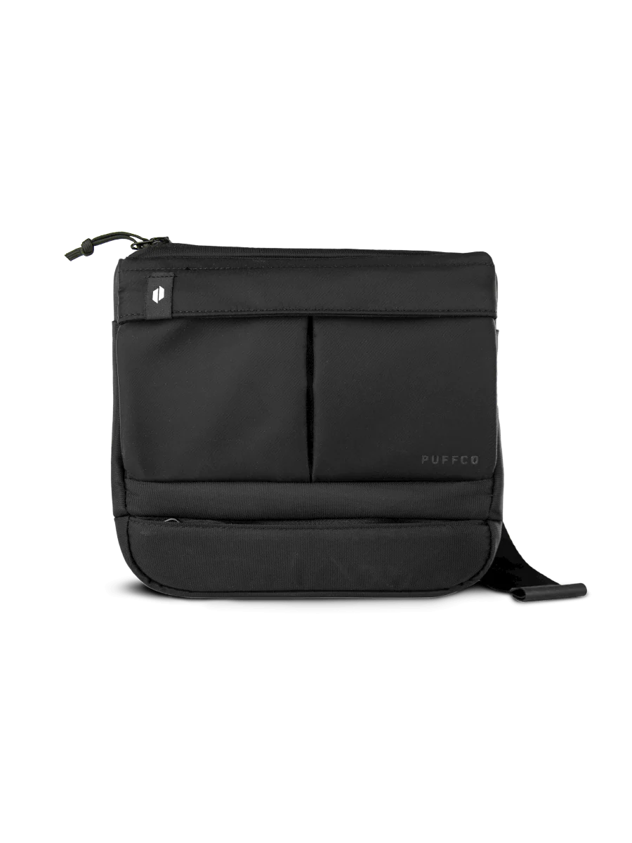 A black, rectangular bag with a zipper closure and a small logo on the front.