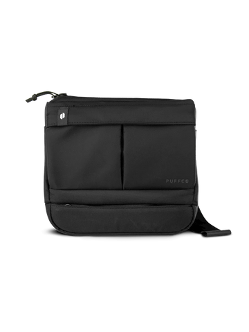 A black, rectangular bag with a zipper closure and a small logo on the front.