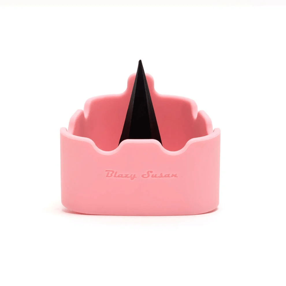 A blue container with a black object inside, sitting on a white background.