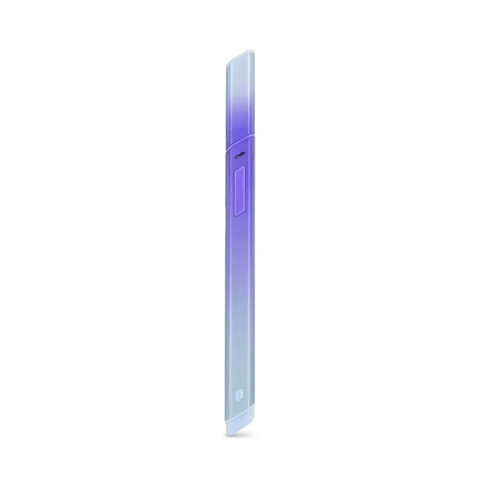 A purple electronic device with a curved shape and a small button on the side.