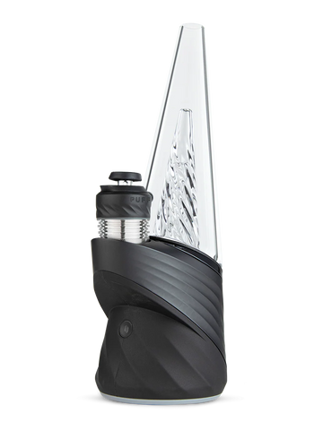 A clear glass pipe with a black base and a black cap, against a black background.