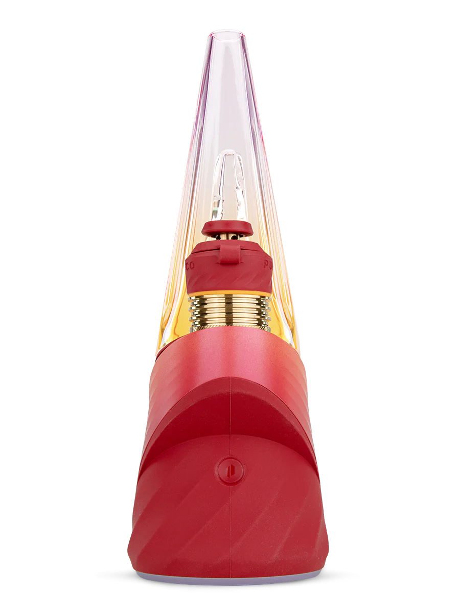 A red and gold electronic device with a pointed top and a red cap, set against a black background.