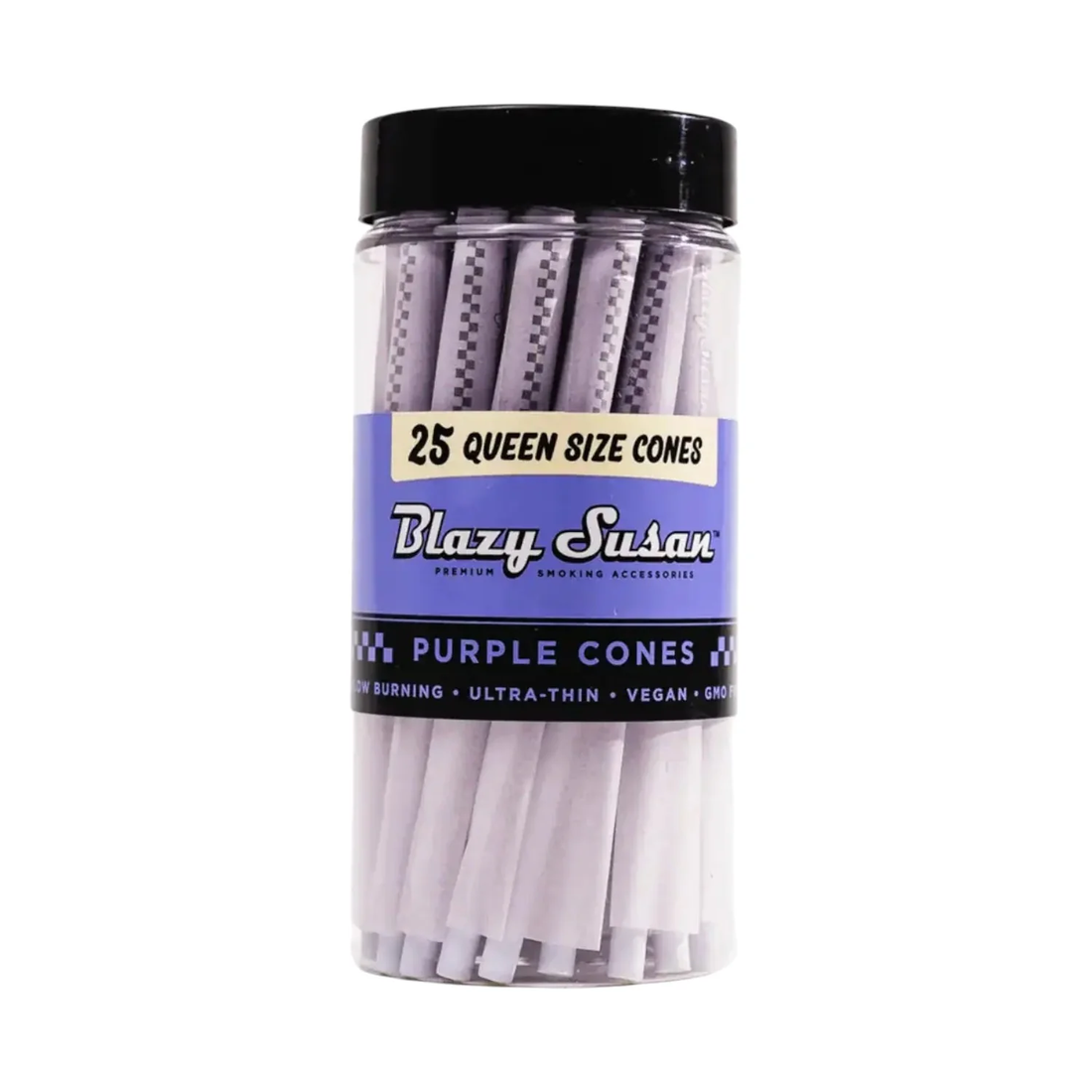 A clear jar filled with pink-colored smoking accessories, specifically 25 queen-size cones.