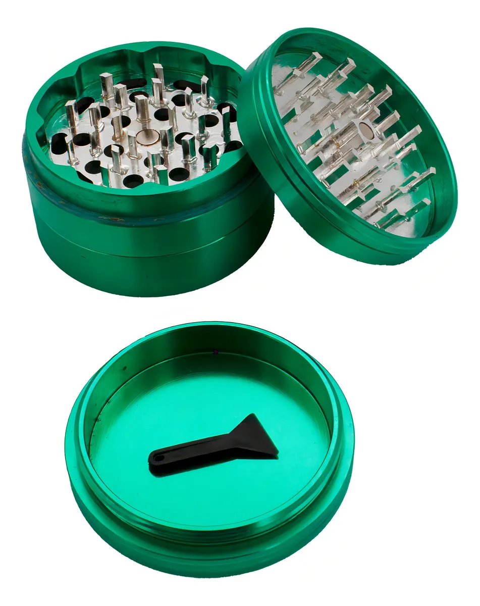 a green grinder with a black tool inside, and the grinder is open, revealing the metal mesh.