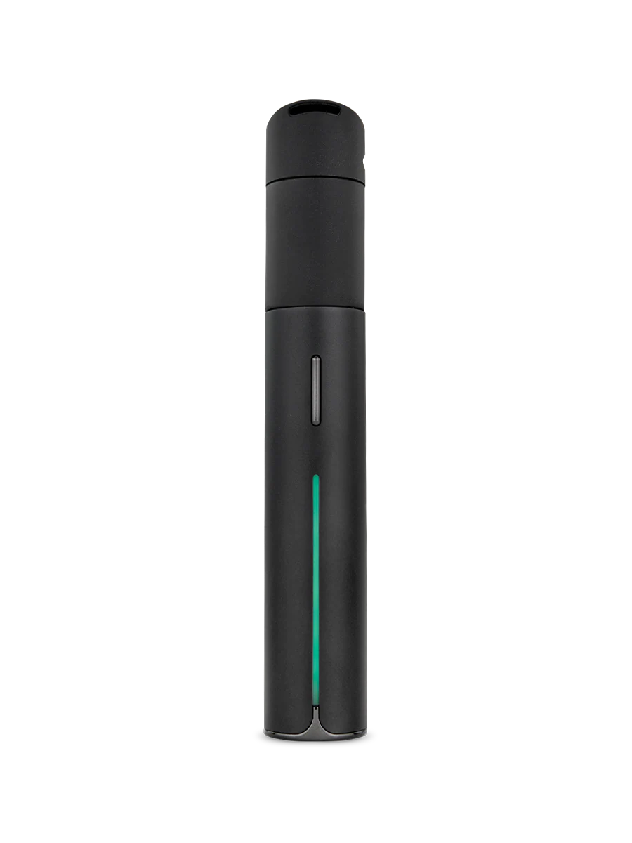 A sleek, black electronic device with a green light on the side, standing alone against a black background.