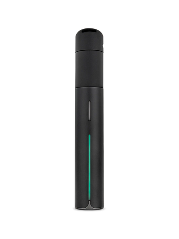 A sleek, black electronic device with a green light on the side, standing alone against a black background.