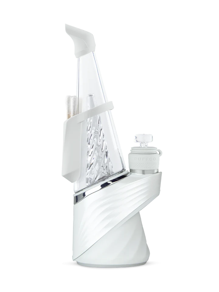 A white electronic device with a curved, angular design and a clear, transparent case.