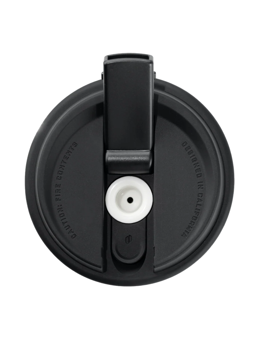 A black lid with a white center hole, designed for a cup or container.