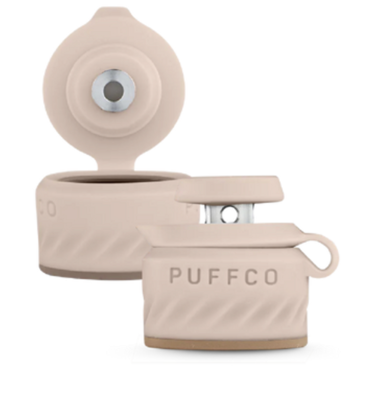 a beige coffee mug with the word "PUFFCO" printed on it.
