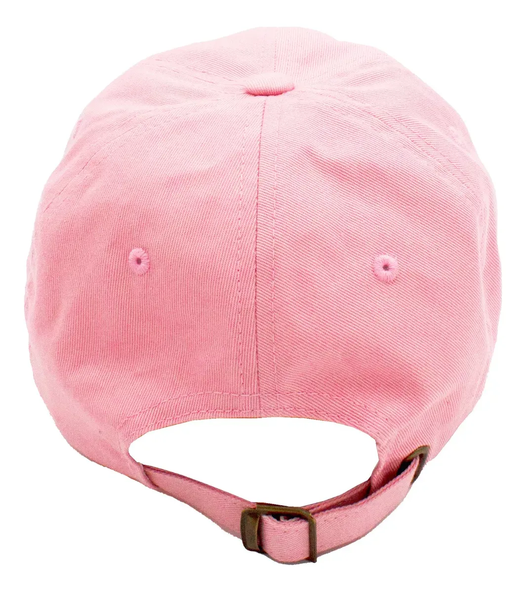 A pink baseball cap with a brown buckle.