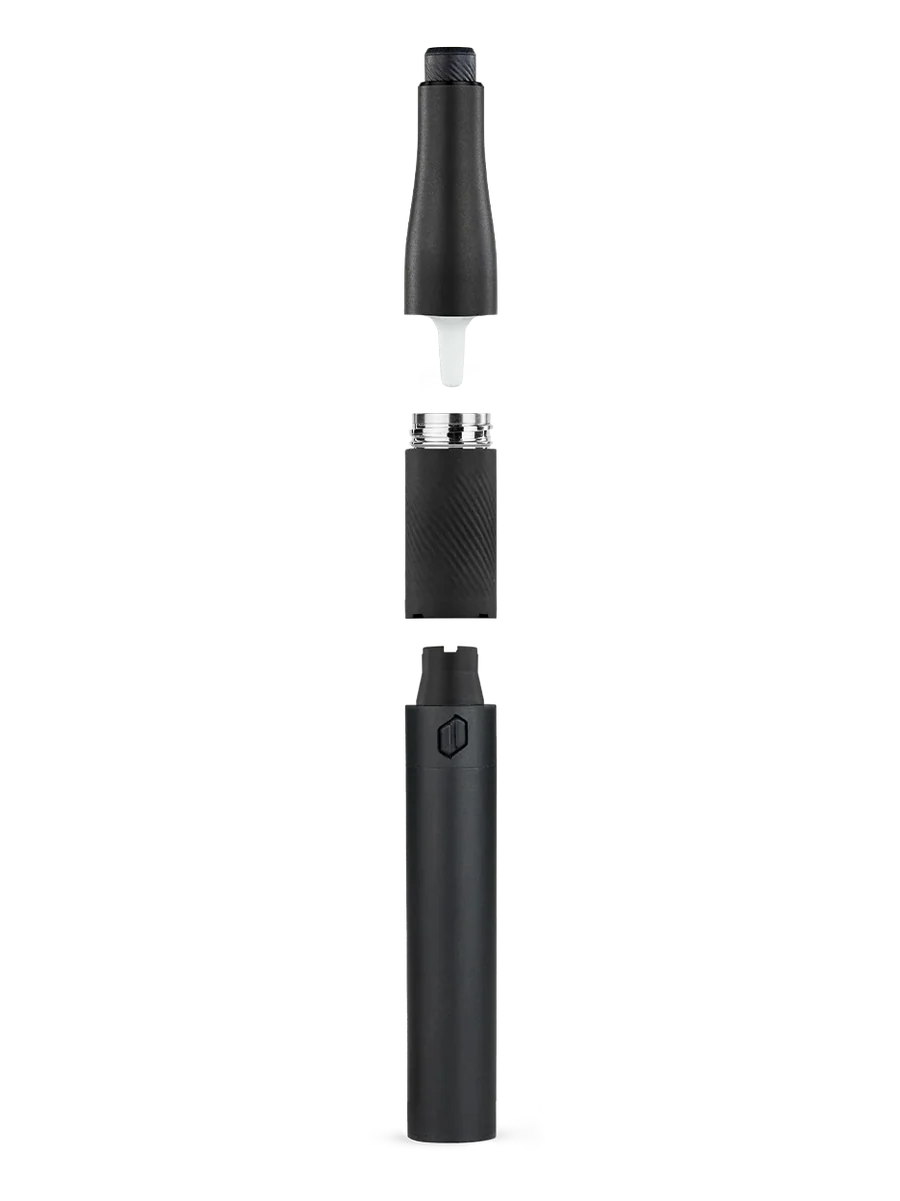 a black electronic device, possibly a pen or stylus, with a white tip, separated into two parts.