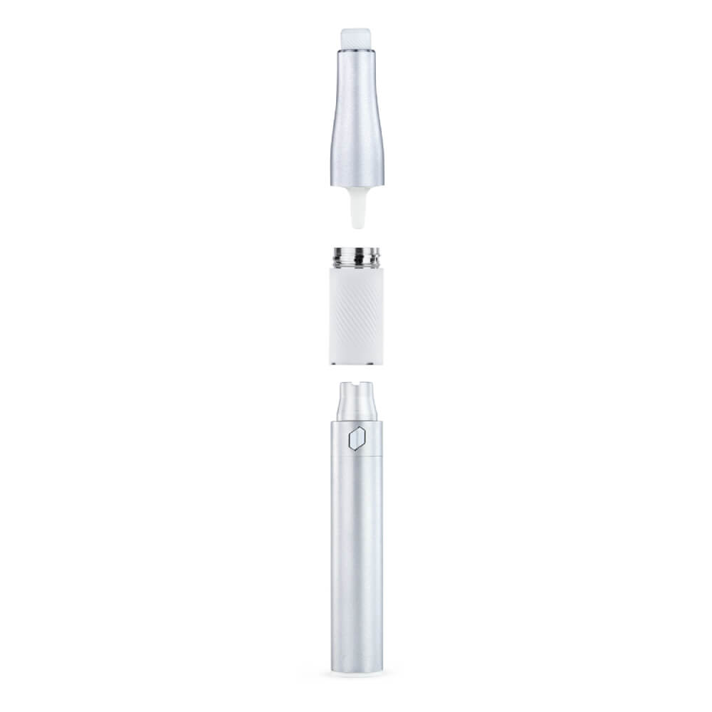 a white electronic device, possibly a battery or charger, with its components separated and displayed in a vertical orientation.