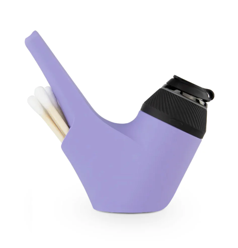 A purple pipe with a black cap, containing three cotton swabs.
