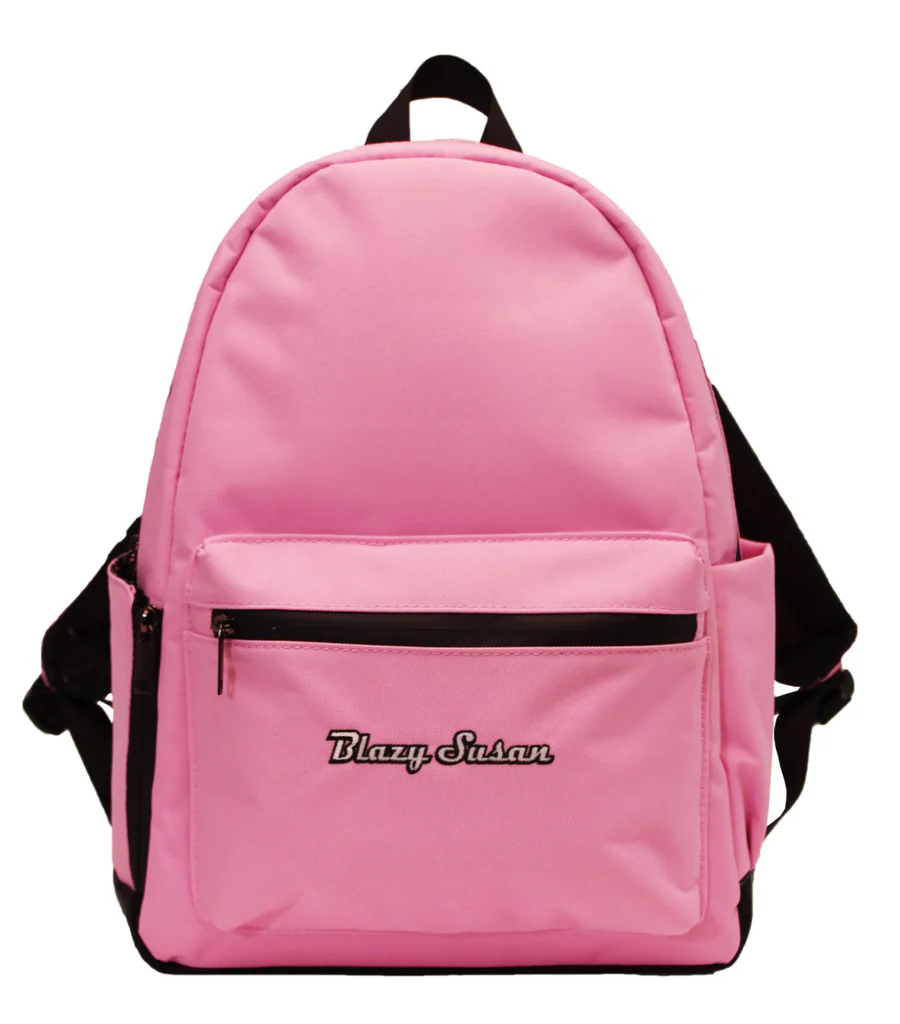 A pink backpack with the name "Blazy Susan" printed on it.