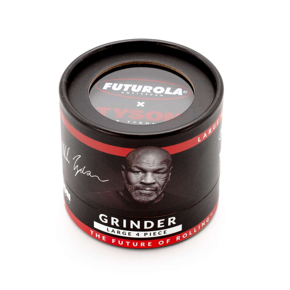 A cylindrical container with a black and red label featuring a portrait of a man and the text "FUTUROLA" and "GRINDER LARGE 4 PIECE".