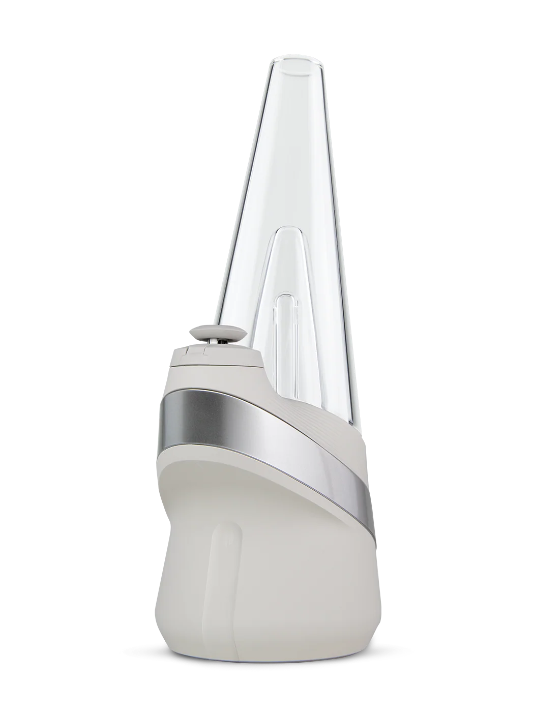A white and silver electronic device with a pointed top, resembling a small electronic device or a piece of technology.
