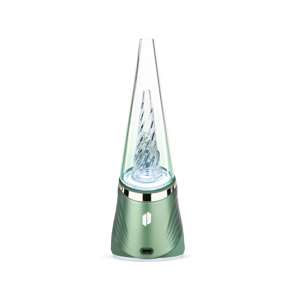 A green electronic device with a clear glass tube and a green base, possibly a piece of electronic equipment or a gaming accessory.