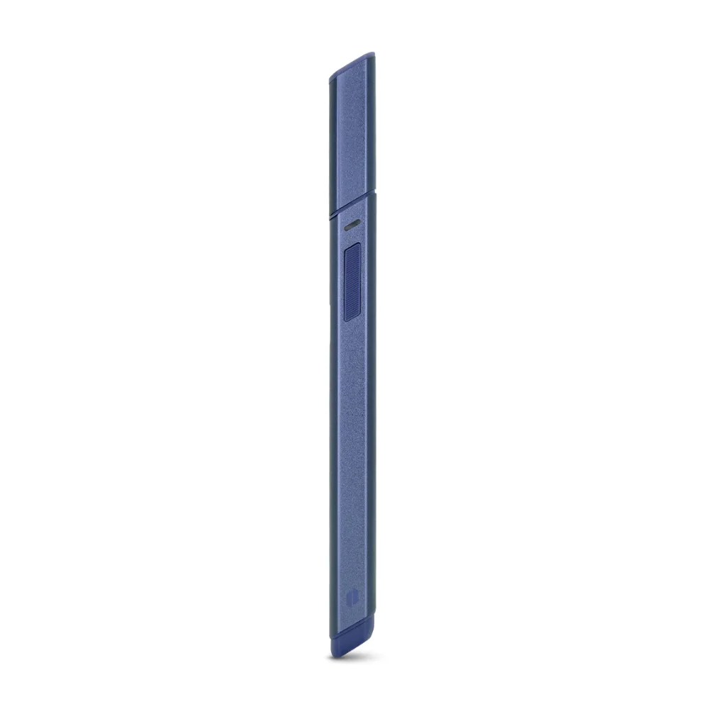 A blue electronic device, possibly a pen or stylus, is shown against a white background.
