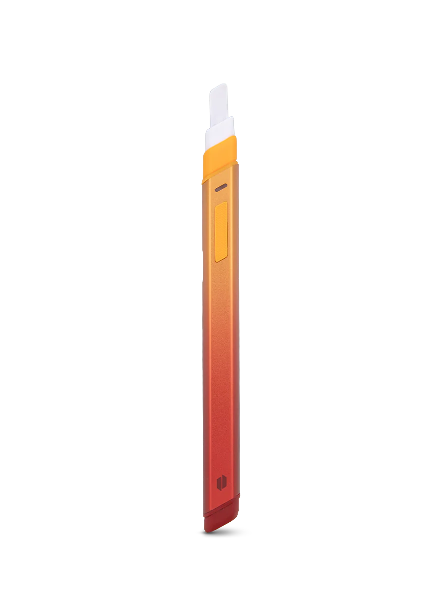A red and orange electronic device, possibly a stylus or pen, is shown against a black background.