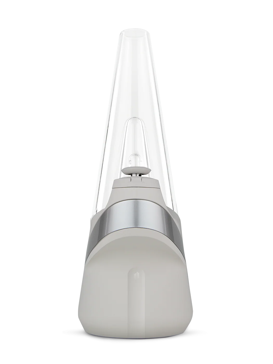 A white, cylindrical object with a pointed top, possibly a lamp or a small electronic device, against a black background.