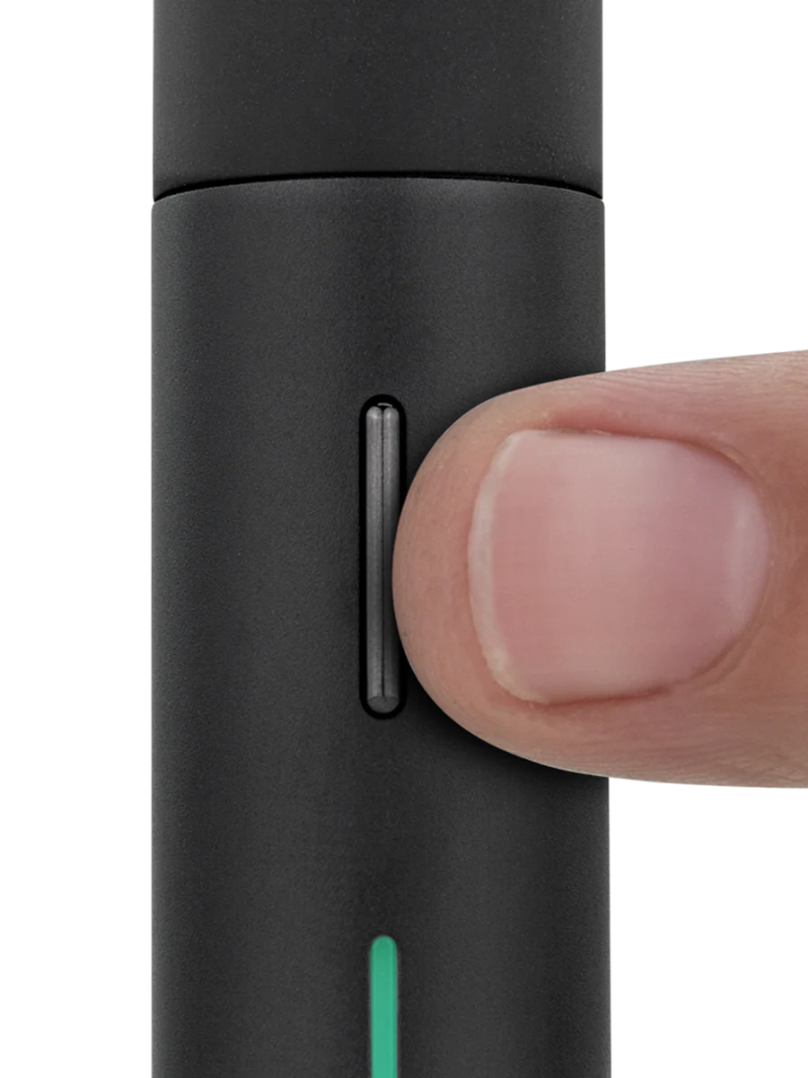 A sleek, black electronic device with a green light on the side, standing alone against a black background.