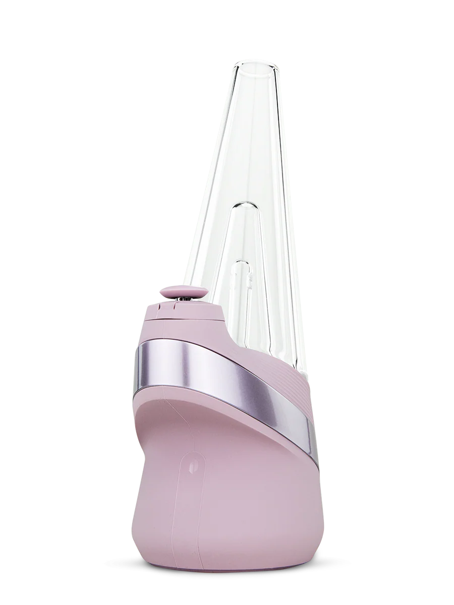 A pink electronic device with a clear glass tube and a silver base, standing upright against a black background.
