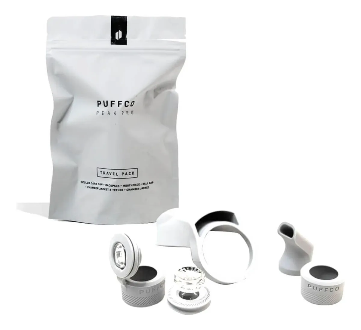 A white travel pack labeled "PUFFCO" and "PEAK PRO" is shown next to a white plastic item with a black lid, along with some other white plastic items.