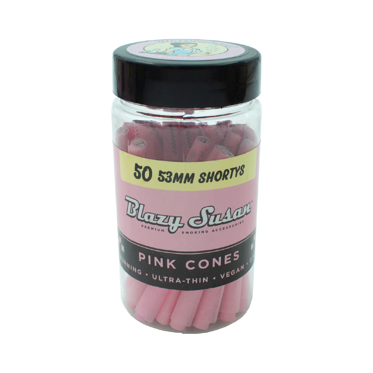 A clear glass jar filled with pink flavored smoking sticks, labeled as 50mm shortts.