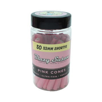 A clear glass jar filled with pink flavored smoking sticks, labeled as 50mm shortts.