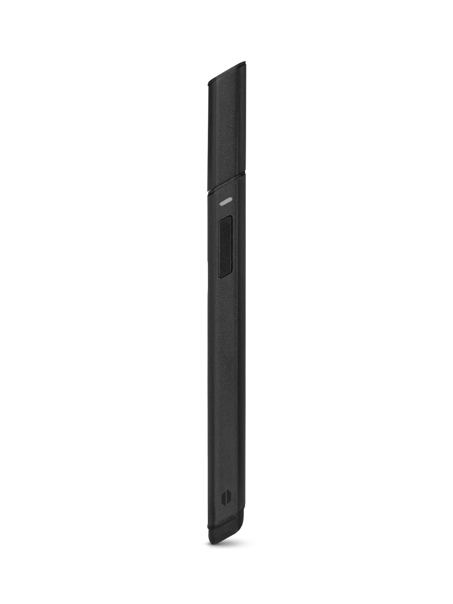 A black electronic device with a white component, possibly a stylus or pen, is shown against a black background.