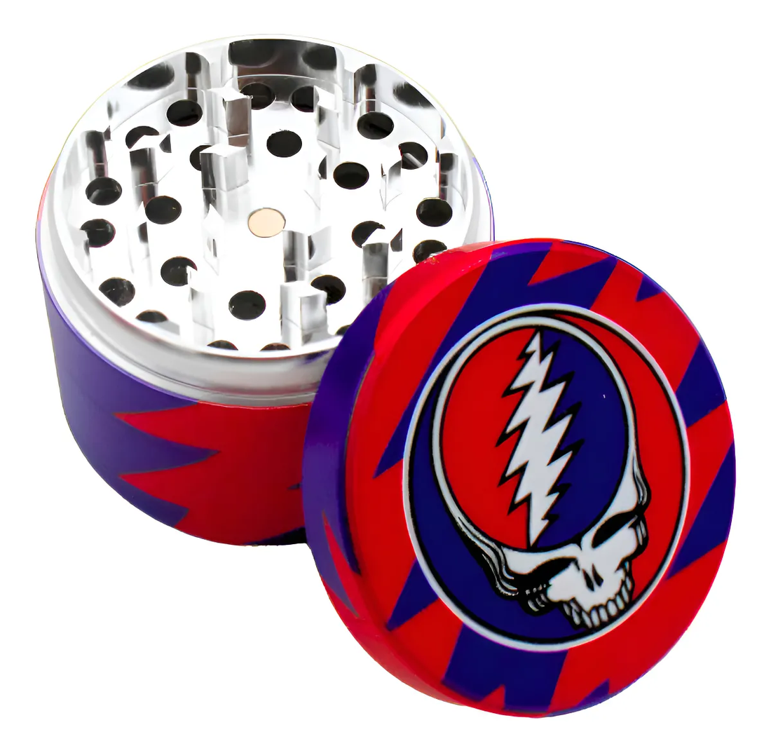 a red and blue grindstone with a skull design on it.