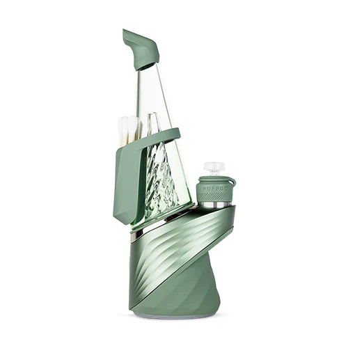 A green and silver electronic device with a pointed top and a clear glass body.