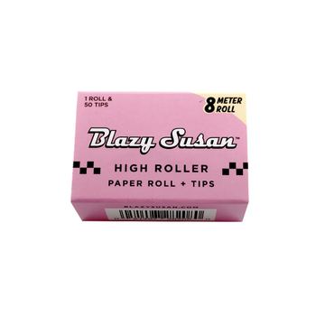 A pink box containing 8 meter rolls of high roller paper rolls, labeled as "Blazy Susan" brand.