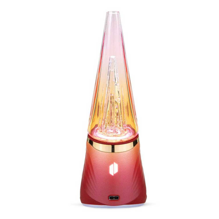 A red and gold electronic device with a clear glass container and a hexagonal light on the front.