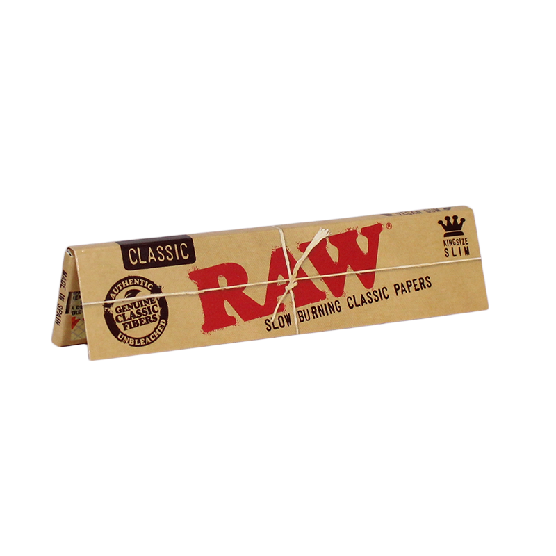 a roll of Raw brand cigarettes, specifically Raw Classic, which are described as "slow burning classic papers".