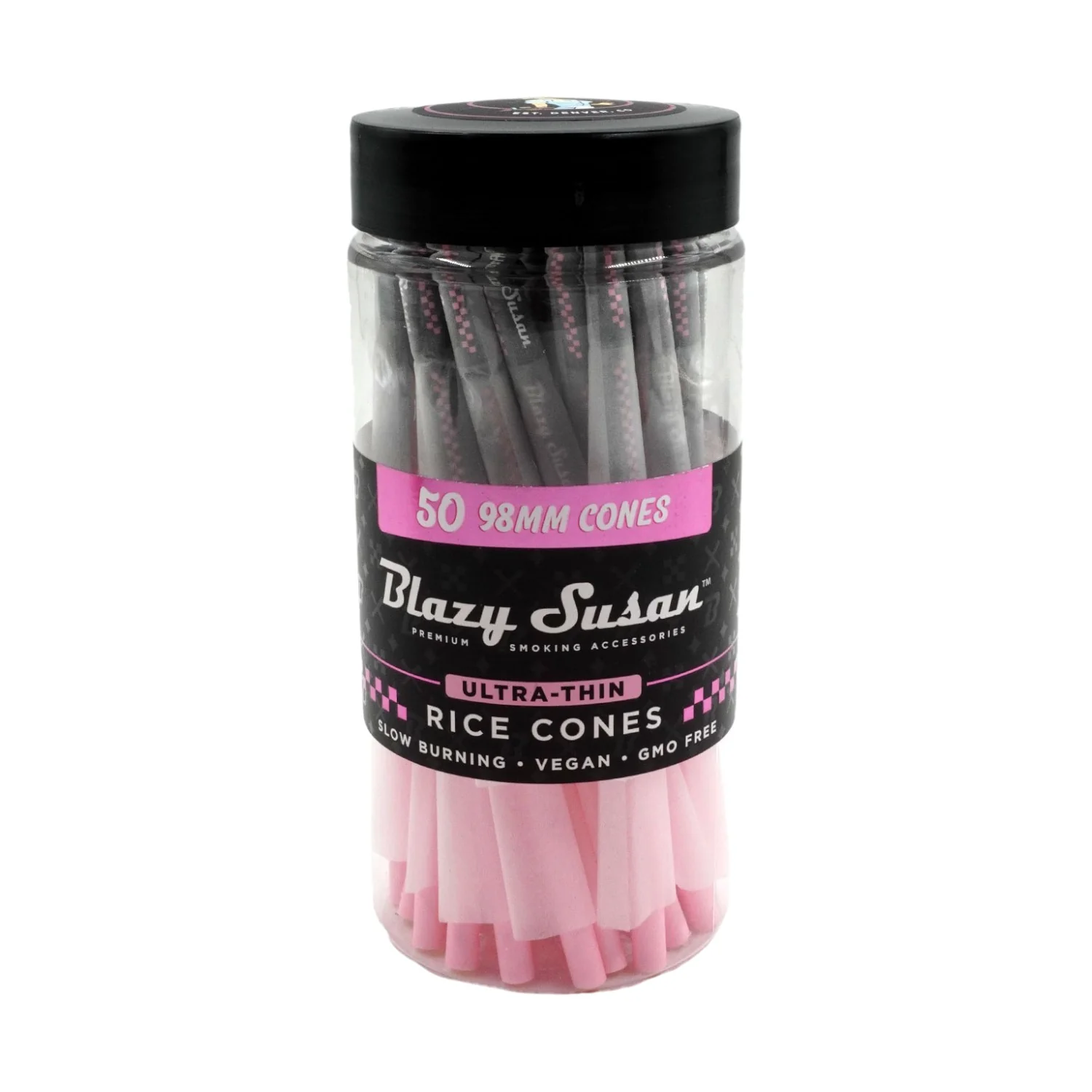 A clear plastic jar filled with pink and white rice-thinning pipe filters, labeled as "Blazys Susan Ultra-thin Rice Cones".